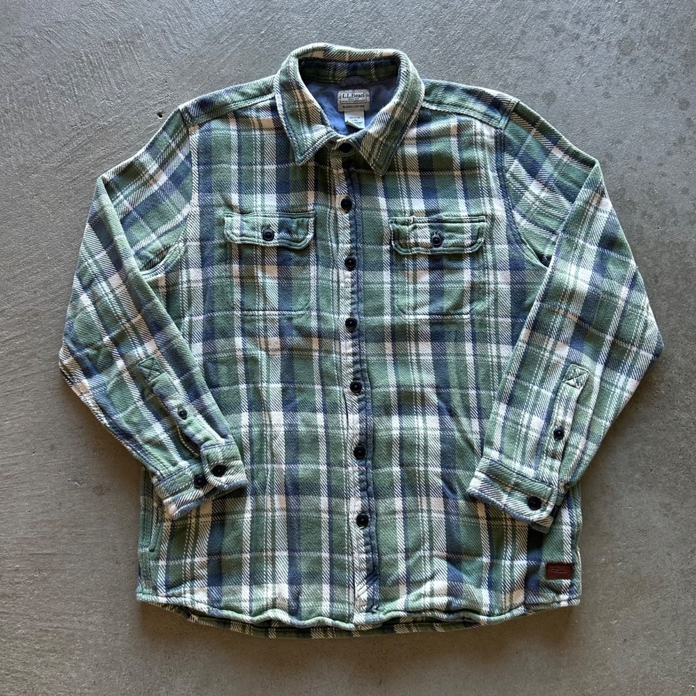 Vintage LL Bean Flannel Shacket Size Large Green Plaid Slightly Fitted Jacket